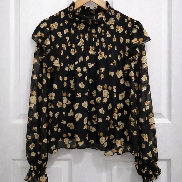 O.P.T. Floral Ruffle Neck Blouse Large Black Sheer Long Sleeve Romantic Top - Picture 2 of 15
